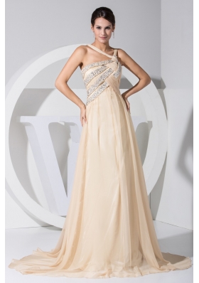 Beaings Decorated Sweep Train Prom Gown Dress with Asymmetrical Neckline