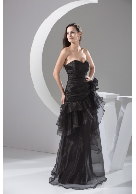 Black Sweetherat Long Prom Gown with Ruffles and Handle Flowers