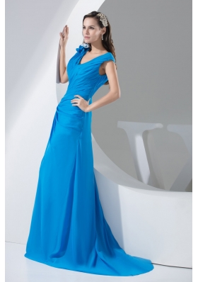 Blue Ruched V-neck Prom Dresses with Handmade Flower