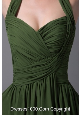 Brand New A-line Halter Top Ruched Dark Green Prom Dress