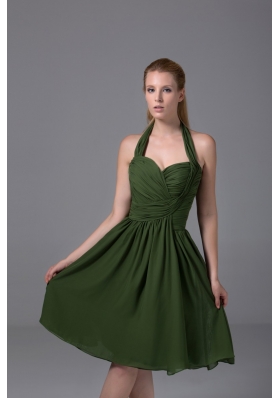 Brand New A-line Halter Top Ruched Dark Green Prom Dress