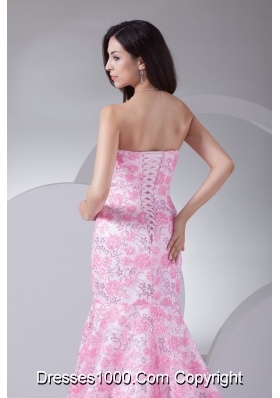 Court Train Special Floral Embossed Fabric Prom Dress in Pink