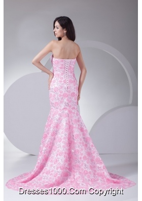 Court Train Special Floral Embossed Fabric Prom Dress in Pink