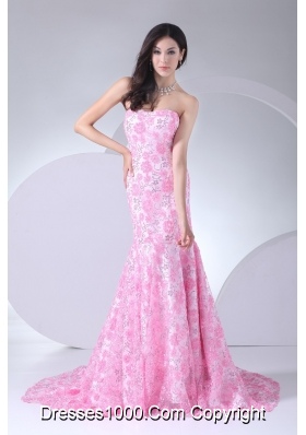 Court Train Special Floral Embossed Fabric Prom Dress in Pink