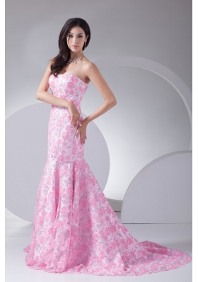 Court Train Special Floral Embossed Fabric Prom Dress in Pink