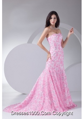 Court Train Special Floral Embossed Fabric Prom Dress in Pink