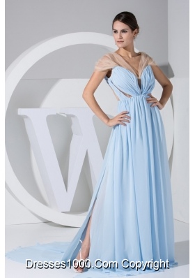 Designer V-neck Side Slit Prom Dress with Transparent Fabric