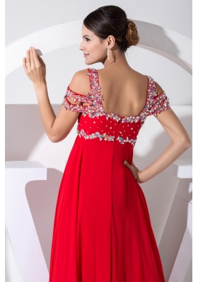 Diamonds Decorated Straps Cap Sleeves Prom Gowns in Red