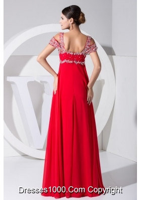 Diamonds Decorated Straps Cap Sleeves Prom Gowns in Red