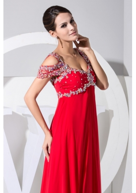 Diamonds Decorated Straps Cap Sleeves Prom Gowns in Red