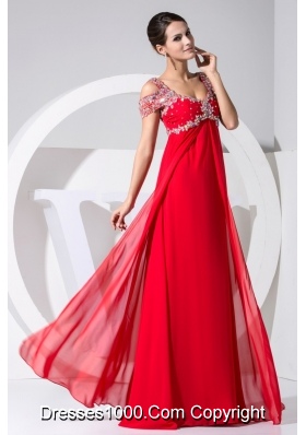 Diamonds Decorated Straps Cap Sleeves Prom Gowns in Red