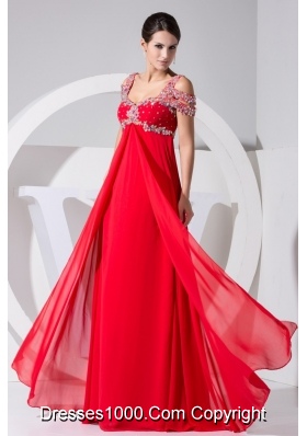 Diamonds Decorated Straps Cap Sleeves Prom Gowns in Red