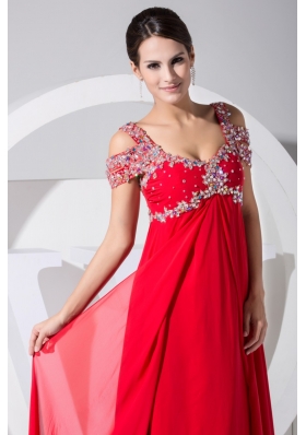 Diamonds Decorated Straps Cap Sleeves Prom Gowns in Red