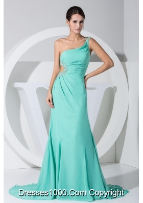 Diamonds One Shoulder Brush Train Prom Gown Dress with Cutout Waist
