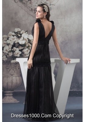 Elegant Black Plunging V-neck Pleated Beaded Prom Dress