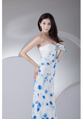 Floral Print Sweetheart Ankle-length White Prom Dress with Bowknot