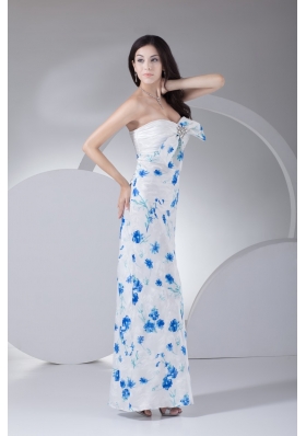 Floral Print Sweetheart Ankle-length White Prom Dress with Bowknot