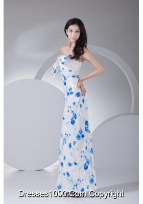 Floral Print Sweetheart Ankle-length White Prom Dress with Bowknot