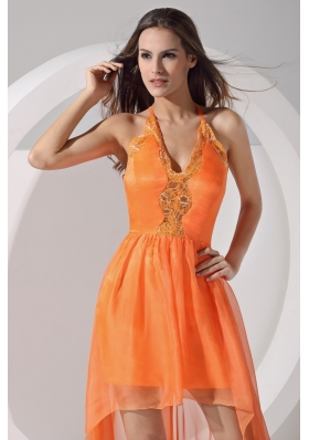 Halter Top V-neck Sheath High Low Prom Dress with Appliques