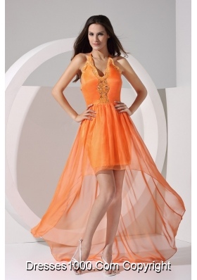 Halter Top V-neck Sheath High Low Prom Dress with Appliques