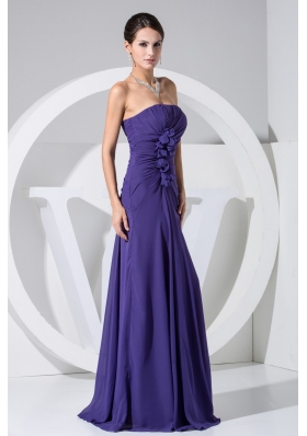 Hand Made Flowers Sheath Strapless Purple Chiffon Prom Gown