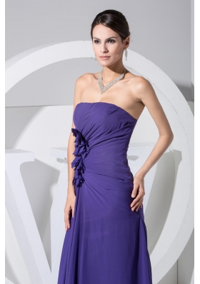 Hand Made Flowers Sheath Strapless Purple Chiffon Prom Gown