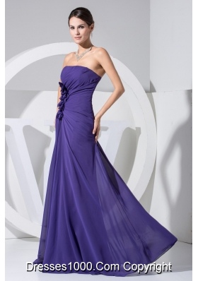 Hand Made Flowers Sheath Strapless Purple Chiffon Prom Gown