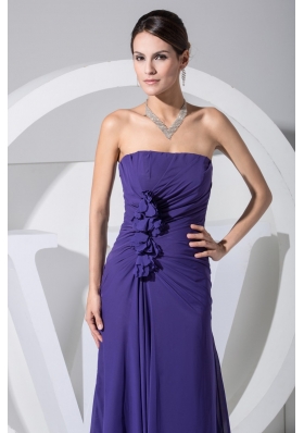 Hand Made Flowers Sheath Strapless Purple Chiffon Prom Gown