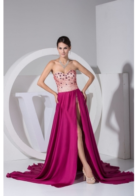 High Slit Court Train Sweetheart Prom Dresses with Beaed Bodice