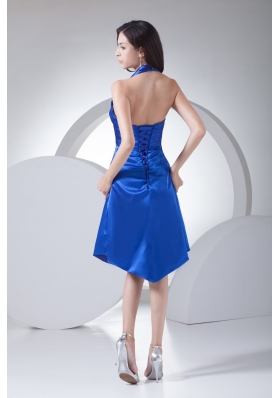 Hot Sale Blue Satin Halter Top Knee-length Prom Dress for Ladies