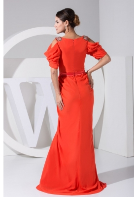 Jeweled Open Sleeves Coral Red Prom Dresses with Slit