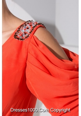 Jeweled Open Sleeves Coral Red Prom Dresses with Slit