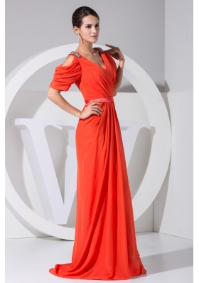 Jeweled Open Sleeves Coral Red Prom Dresses with Slit