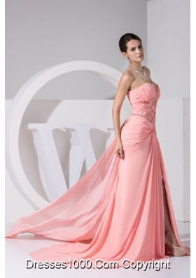 Jewelry Sweetheart Prom Dresses with High Slit and Watteau Train