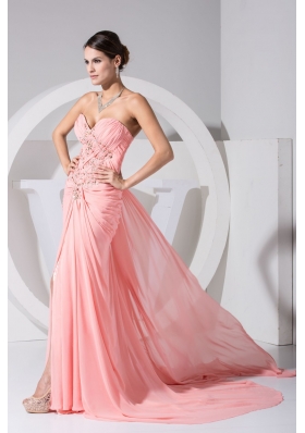 Jewelry Sweetheart Prom Dresses with High Slit and Watteau Train