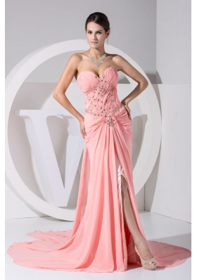 Jewelry Sweetheart Prom Dresses with High Slit and Watteau Train