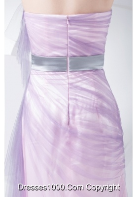 Lilac Tulle and Taffeta Ankle-length Prom Gown Dress with Silver Sash