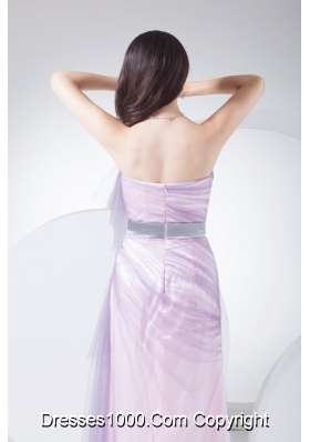 Lilac Tulle and Taffeta Ankle-length Prom Gown Dress with Silver Sash