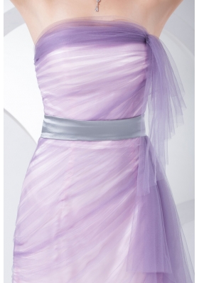 Lilac Tulle and Taffeta Ankle-length Prom Gown Dress with Silver Sash