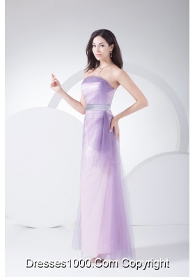 Lilac Tulle and Taffeta Ankle-length Prom Gown Dress with Silver Sash