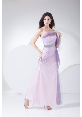 Lilac Tulle and Taffeta Ankle-length Prom Gown Dress with Silver Sash