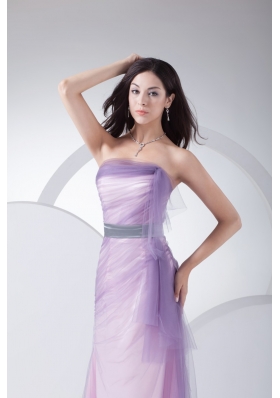 Lilac Tulle and Taffeta Ankle-length Prom Gown Dress with Silver Sash