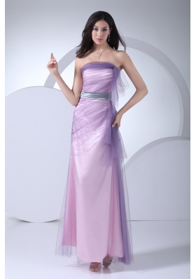 Lilac Tulle and Taffeta Ankle-length Prom Gown Dress with Silver Sash