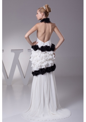 Luxurious Halter Top Ruffles and Black Hand Made Flowers Bride Dress for Party