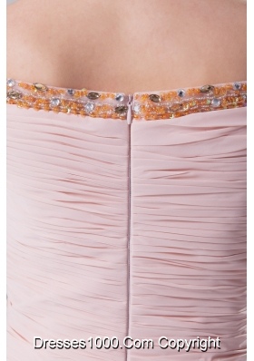 Pink Ruched Beaded Knee-length Prom Dress Square Neckline