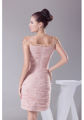 Pink Ruched Beaded Knee-length Prom Dress Square Neckline