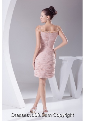 Pink Ruched Beaded Knee-length Prom Dress Square Neckline