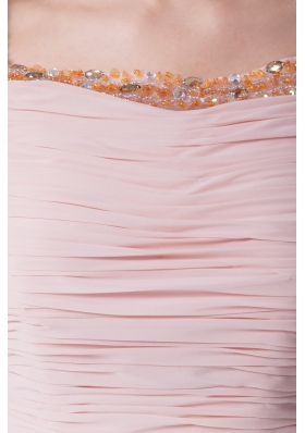 Pink Ruched Beaded Knee-length Prom Dress Square Neckline