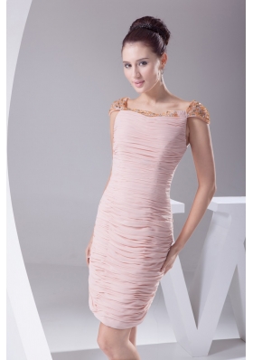 Pink Ruched Beaded Knee-length Prom Dress Square Neckline