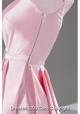 Plunging V-neck Column 3/4 Length Sleeve Baby Pink Prom Dress